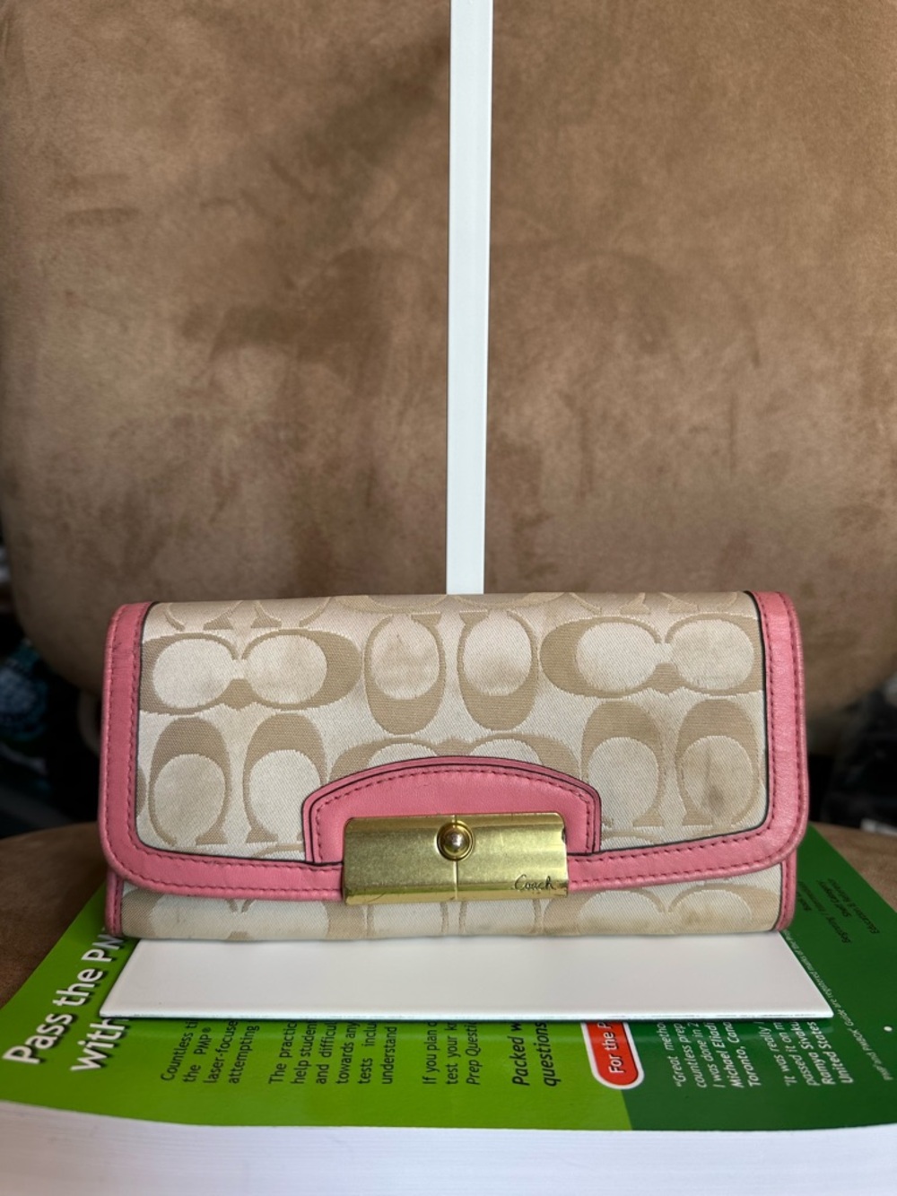 Coach Signature Canvas Continental Large Wallet in Pink Trim in Fair Condition